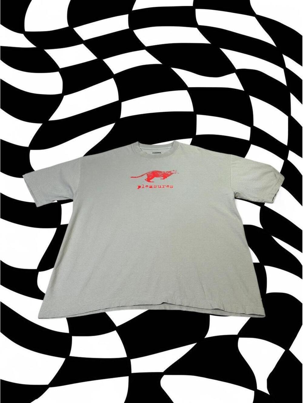 Pleasures gray t-shirt with red cat graphic
